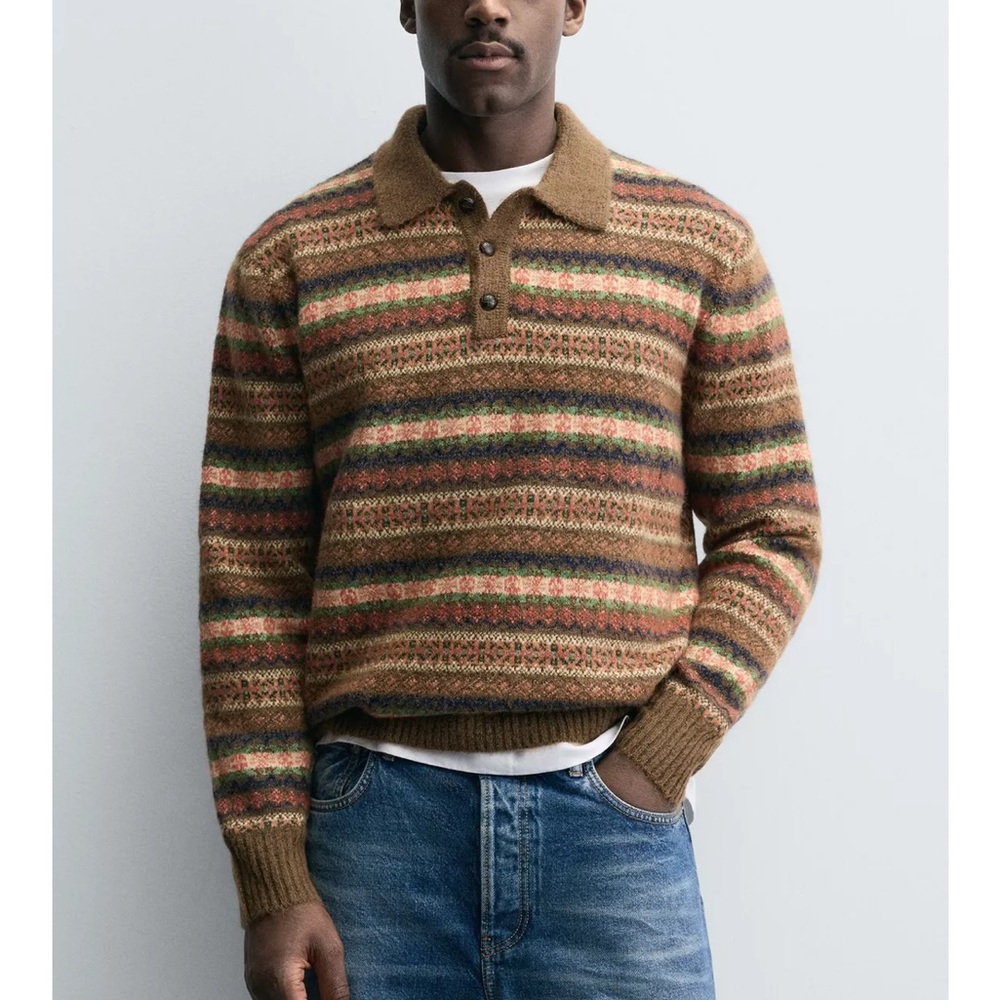 NWT- Zara men’s geometric jacquard knit polo, brown multi